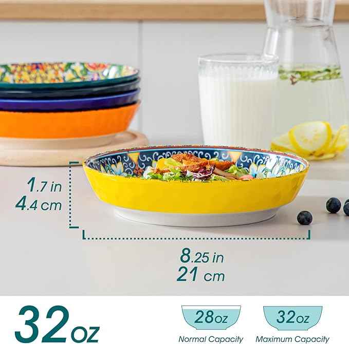 vancasso 32 Oz Pasta Bowls Sets of 6, Ceramic Large Colorful Salad Serving Bowls for Kitchen, Dishwasher & Microwave Safe, Soup Pasta Plates