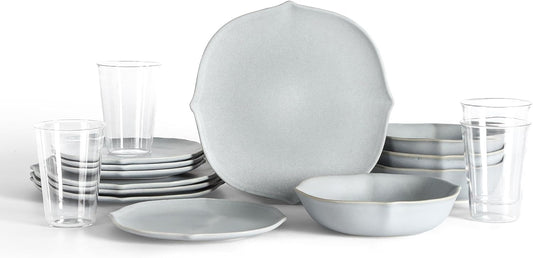 Stone Lain Baskerville 32-Piece Dinnerware Set Stoneware, Borosilicate Glass, Light Blue