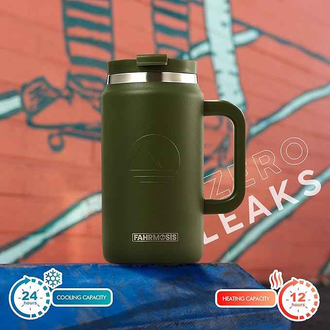 FAHRMOSIS 50 Oz Tumbler with Handle and Straw Large Insulated Tumbler Stainless Steel Travel Mug for Hot & Cold Drinks, Reusable Water Bottle with Lids and Straw - Army Green