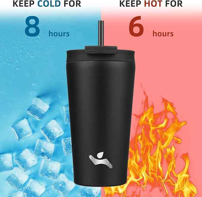 Konokyo 18 OZ Insulated Tumbler with Lid and 2 Straws Stainless Steel Water Bottle Vacuum Travel Mug Coffee Cup,Black