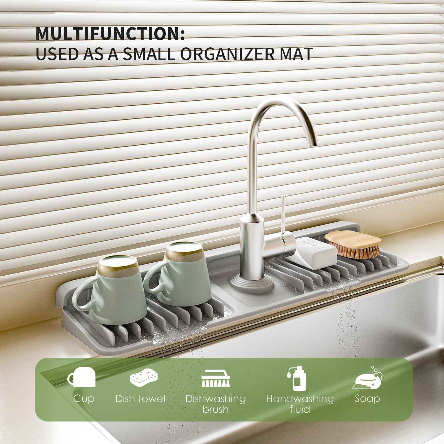 Faucet Mat for Kitchen Sink, 2025 New Silicone Sink Splash Guard, 7°Slope Fast Self-draining, Fast Drying Tidy Faucet Mat Splash Guard