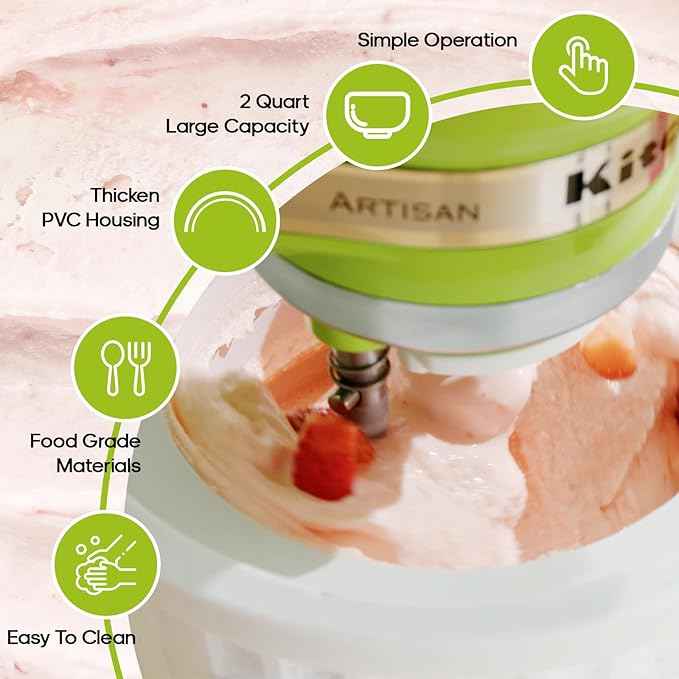 Ice Cream Maker Attachment for KitchenAid Stand Mixer, Compatible with 4.5/5Qt & Larger KitchenAid Stand Mixer, 2 Quart Frozen Ice Cream Bowl, Yogurt & Sorbet Gelato, White