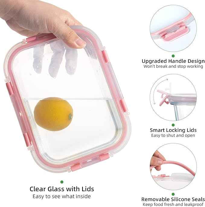 UMEIED 10 PACK Glass Food Storage Containers with Leak Proof Lids, Glass Airtight Meal Prep Containers Set for Lunch, On the Go, Leftover, Kitchen Pantry Organizers and Storage (Pink)