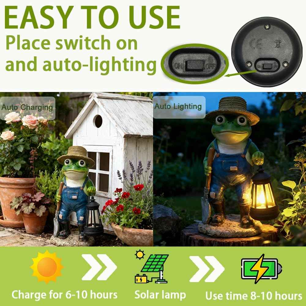 11'' Solar Frog Garden Decor Outdoor Statue with Lantern Gift Idea Light Decorations for Yard Garden Patio Mom Gift