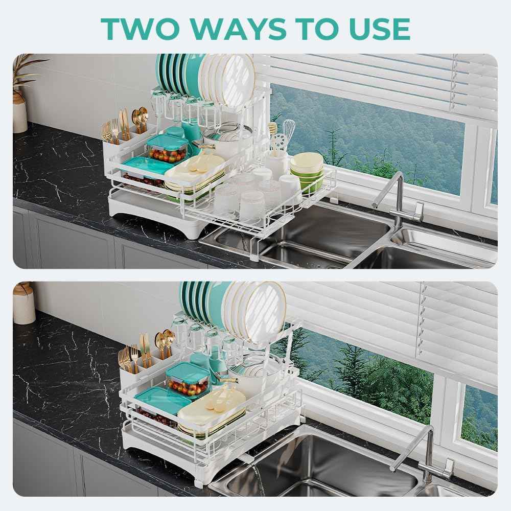 2 Tier Large Dish Drying Rack - Extendable Dish Rack, 2-in-1 Anti-Rust Stainless Steel Dishrack for Kitchen Counter and Sink, Dish Strainer with Utensil Holder & Cup Holder(White)