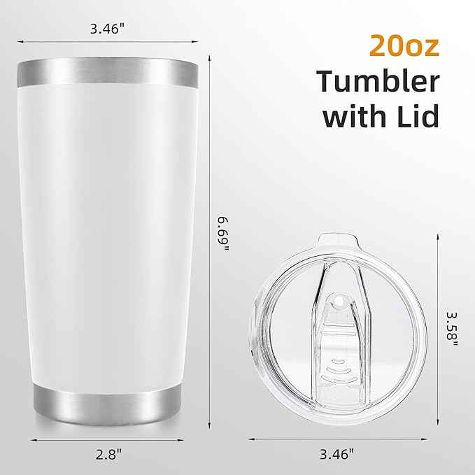 20 oz Tumbler Bulk with Lid Stainless Steel Insulated Tumblers Double Wall Vacuum Coffee Mug Powder Coated Tumbler Cups for Cold and Hot Drinks, White, 12 pack