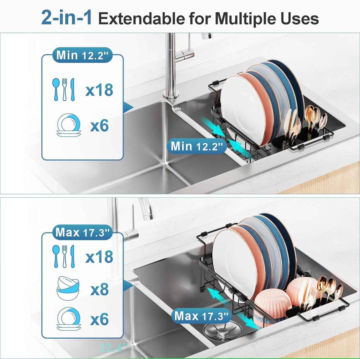 iSPECLE Small Sink Dish Drying Rack, 9.1" W Expandable Compact Rust Resistant Dish Drainer for RV Apartment Kitchen, Dish Rack with Lock Knob, Arms with Non Slip Rubber, Black