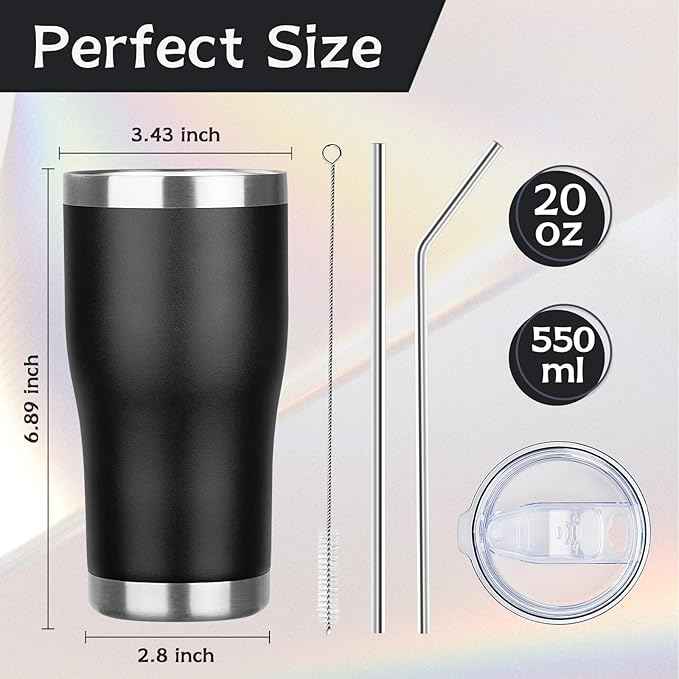 MEZMUT 4 Pack 20oz Insulated Coffee Tumbler with Lid and Straw Double Wall Vacuum Insulated Cup Stainless Steel Travel Mugs Leakproof Powder Coated Tumbler for Indoor Outdoor(Black)
