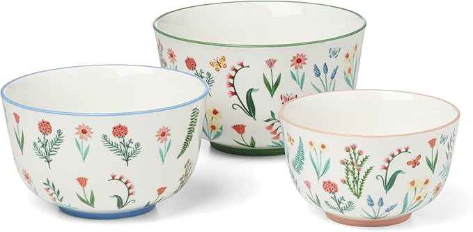 Oneida Serveware, First Blooms Nesting Bowls Set Of 3, Porcelain Material, Dishwasher & Microwave Safe, 19-oz, 30-oz, & 46-oz Serving Bowls, Pasta Bowl, Floral Design (Multi-Colored, 3 Pieces)