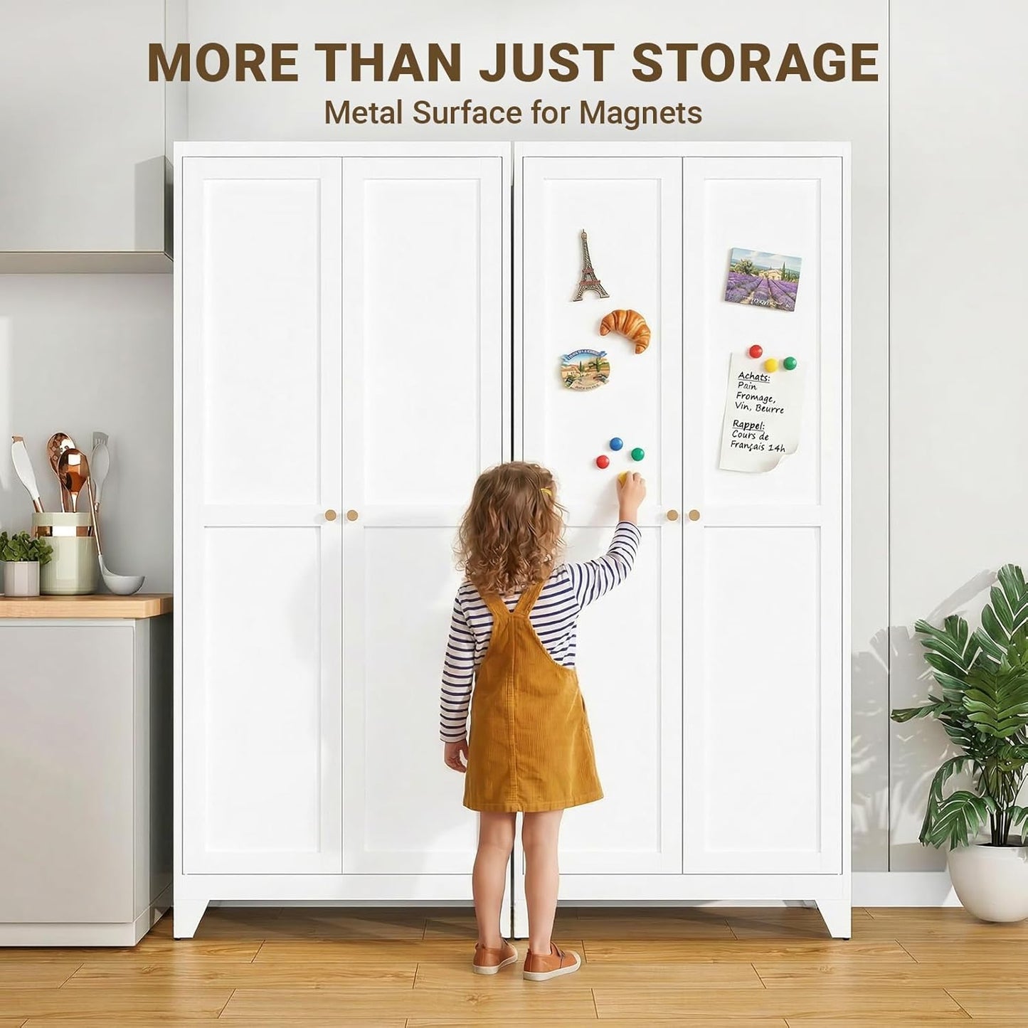 75" Tall Metal Kitchen Pantry Cabinet, Freestanding Steel Storage Cabinet with Doors, 5 Adjustable Shelves, for Dining Room, White