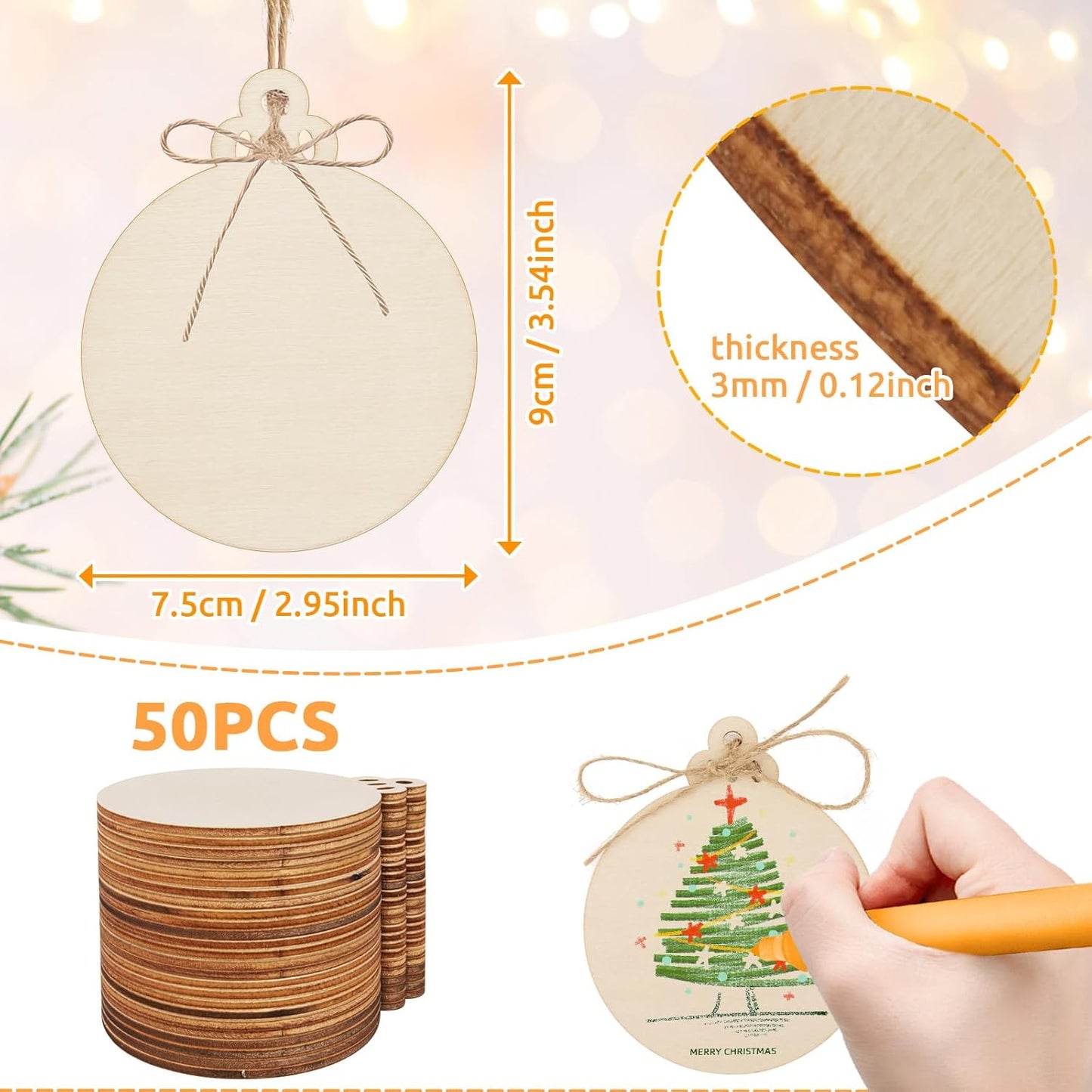 Philorn 50pcs Wooden Ornaments for Crafts 3.5" Unfinished DIY Wooden Christmas Ornaments, Predrilled Wood Slices Circles for Crafts Paint Holiday Hanging Decorations (50pc Christmas Ball)
