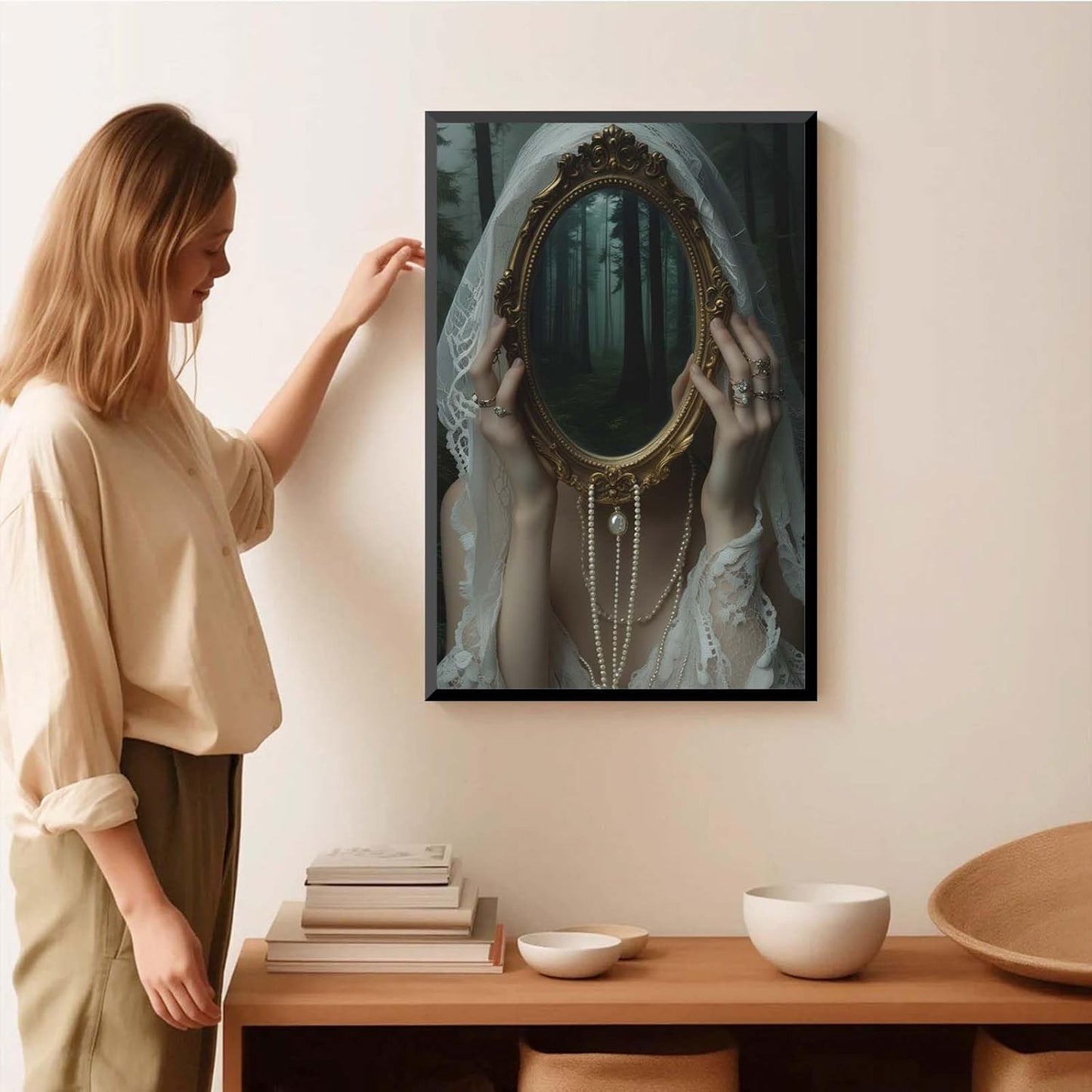 Mirror face covering dark art poster print melancholy gothic painting vintage feminine print victorian style decoration antique art20x30in Metal blackFramed