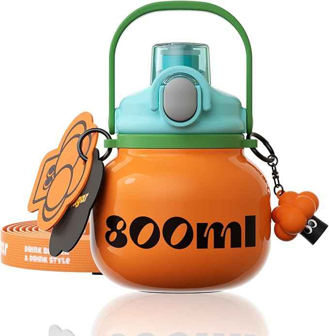 27 oz Aesthetic Water Bottle with Straw and Carry Handle, Chunky Wide Mouth Vacuum Insulated Stainless Steel Flask Taza Easy Carry, Trendy Portable Tumbler for School, Gym, Travel, Orange