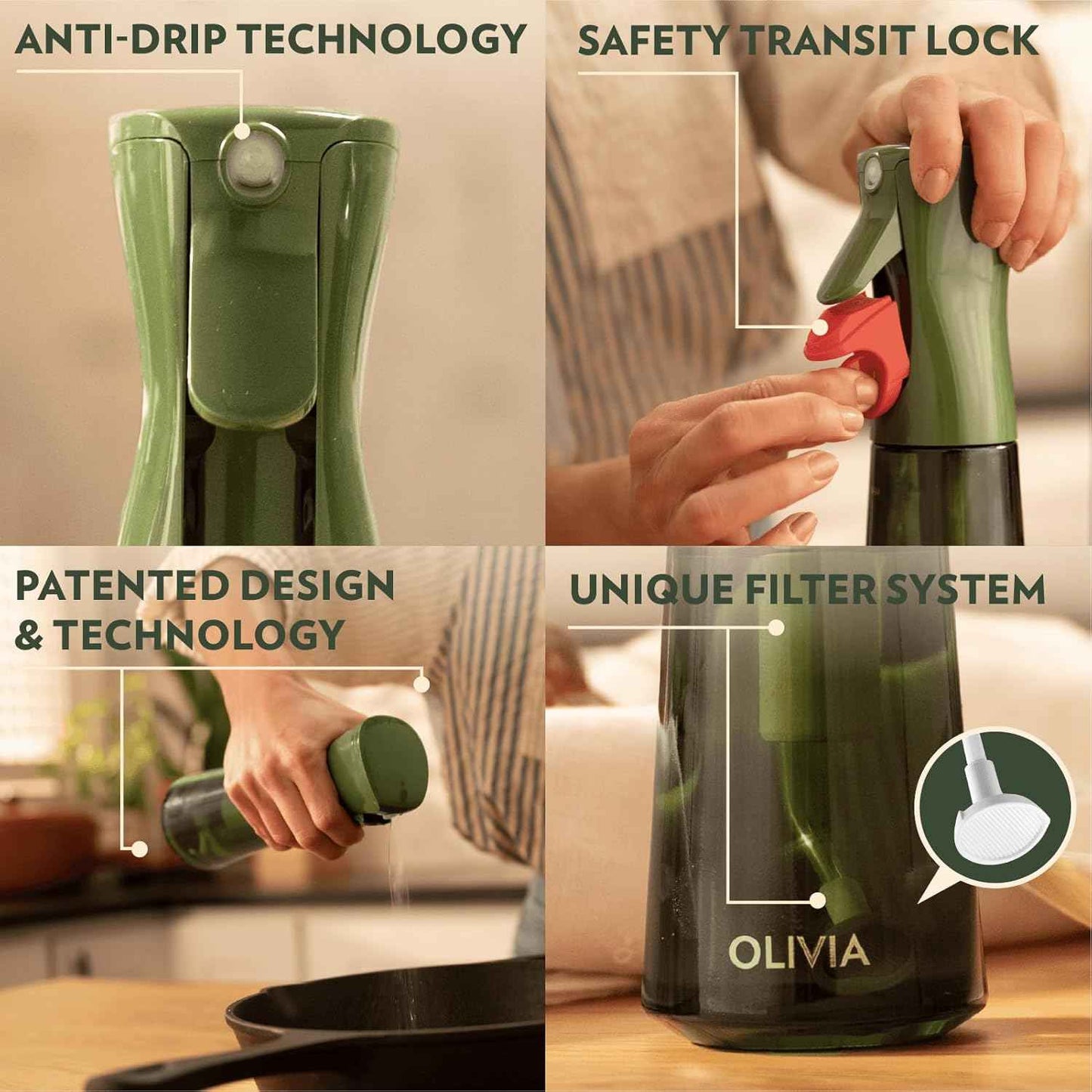 OLIVIA SIGNATURE Advanced Kitchen Oil Sprayer with Flairosol Technology, Fine Mist & Portion Control, Refillable Glass Olive Oil Cooking Spray Bottle for Air Fryer, Salad, BBQ, 200ml (Green, Gold)