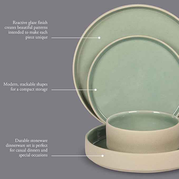 Gibson Elite Liberty Bay 16-Piece Pottery Clay Stoneware Dinnerware Set – Mint Green Reactive Glaze, Stackable Plates and Bowls W/Pasta Bowl, Service for 4 – Microwave & Dishwasher Safe
