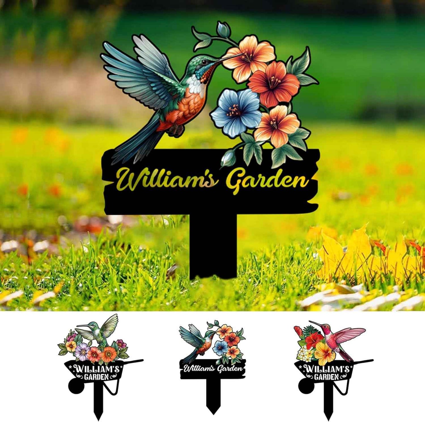 Personalized Hummingbird Bird Flowers Garden Sign Metal Garden Markers Stake Loss of Colorful Flowers Bird Garden Decor Sign Outdoor Plaque Memory Yard Art Stake Customized Garden Sign with Stakes
