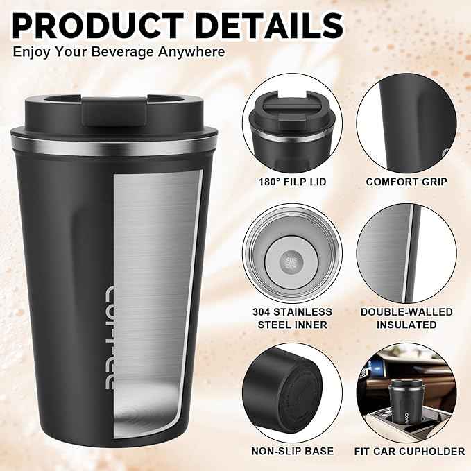 MOMSIV 12oz Travel Mug, Insulated Coffee Cup with Leakproof Lid, Vacuum Stainless Steel Double Walled Reusable Tumbler for Hot and Cold Water Coffee and Tea In Travel and Car Black