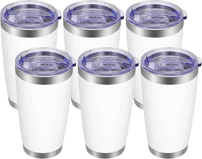 VEGOND 20oz Tumbler with Lid and Straw Stainless Steel Tumbler Cup Bulk Vacuum Insulated Double Wall Travel Coffee Mug Powder Coated Coffee Cup, White, 6 Pack