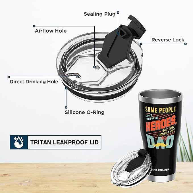 HAUSHOF Dad Gifts Tumbler 20oz Stainless Steel, Birthday Gifts for Father/Husband/Men from Daughter, Son, Kids, Wife - Heroes Dad, Black