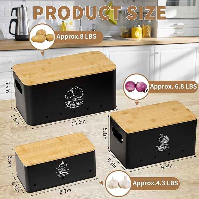 3 Pack Metal Vegetable Storage,Onion Storage,Potato Storage and Garlic Storage Set,Kitchen Vegetable Keeper,Stackable Pantry Organizers with Ventilation Holes and Bamboo Lids(BLACK)