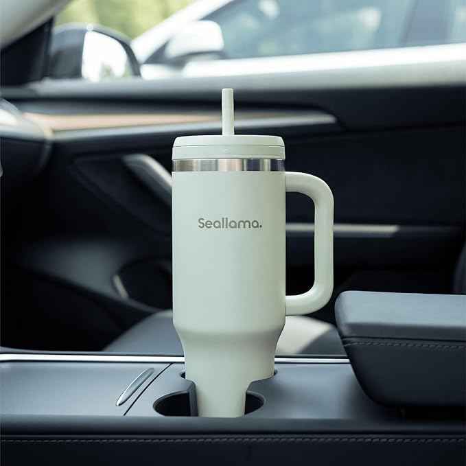 Seallama. Tumbler with Handle and Straw 40 oz | Cup Holder Compatible for Travel | Insulated Stainless Steel Cup | BPA-Free | (Pink Mochi)