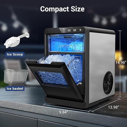 Nugget Ice Maker Countertop, 45Lbs/24H with Water Tank Pebble Ice Maker, Self-Cleaning Pellet Ice Machine Ready in 5-10min, Nugget Ice Machine for Kitchens/Home/Office