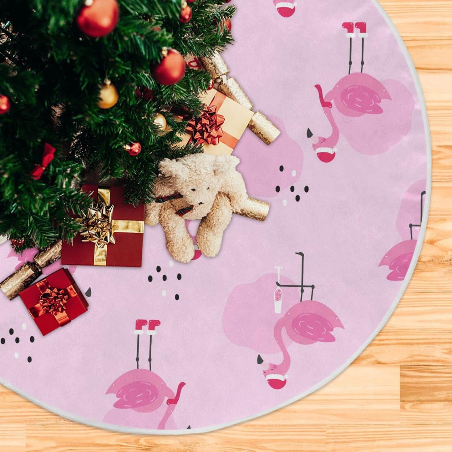 Christmas Flamingo Champagne Tree Skirt, Seasonal Tree Mat Holiday Party Supplies Ornaments Indoor Outdoor Decorations for Tabletop Trees 35.4 Inches