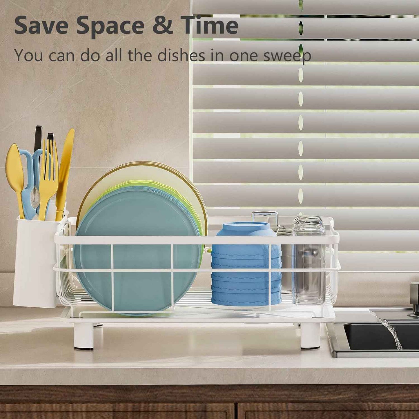 AIDERLY Iron Dish Drying Rack Auto Drain Dish Drainers Kitchen Counter Strainer with Draining Tray, All White