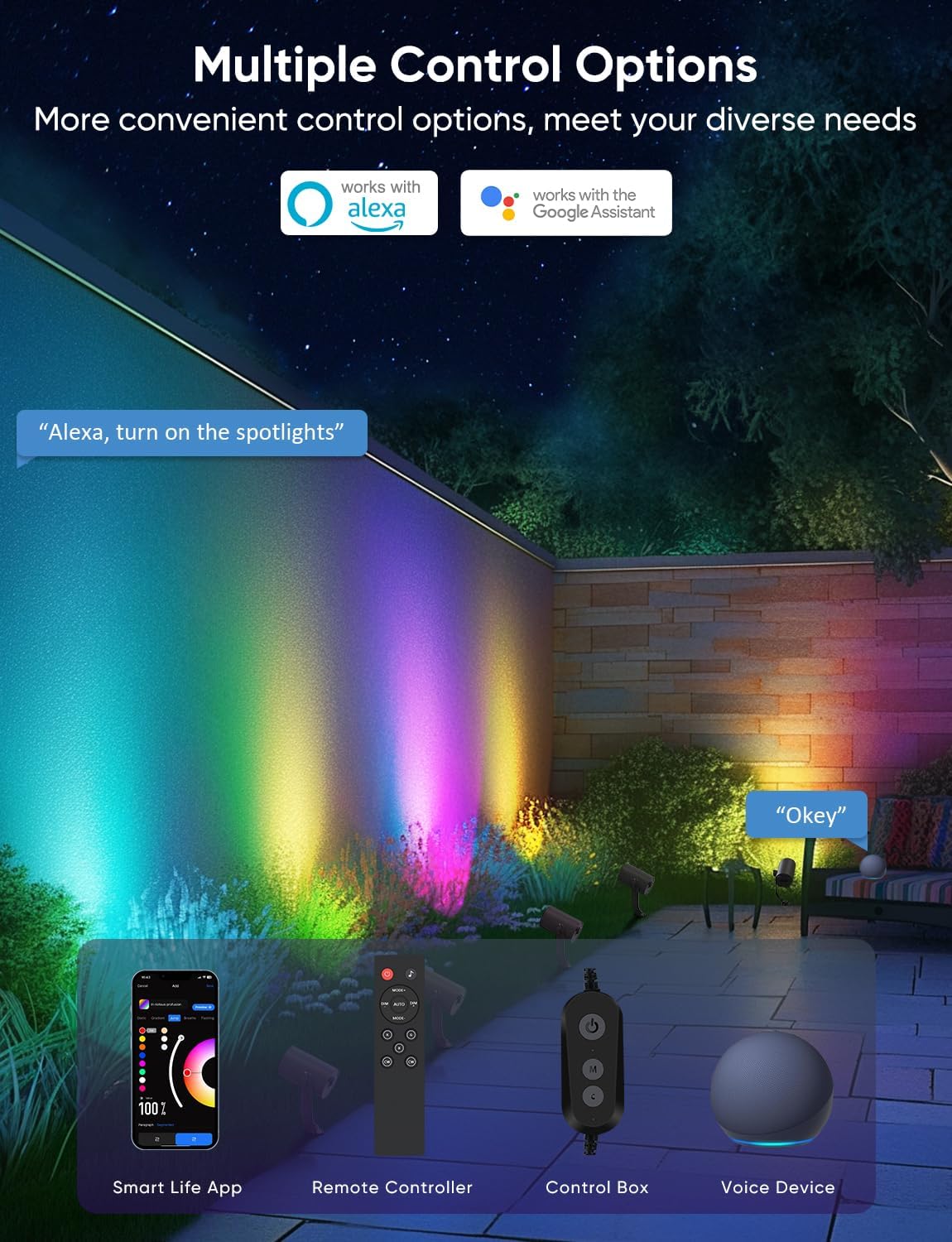 Smart Outdoor Spot Lights 24W, RGBCW Color Changing Landscape Lights 4 Pack, IP65 Waterproof Low Voltage Landscape Lighting, App/Voice/Remote Control, for Garden Yard Pathway Holiday Decor