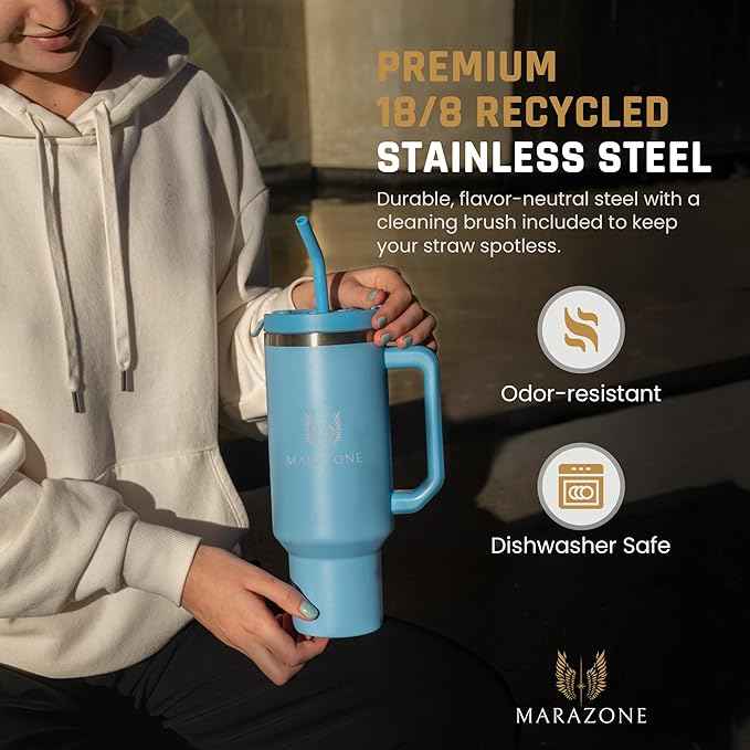 MARAZONE 40oz Stainless Steel Travel Tumbler with Handle, Three-Position Lid, Straw with Silicone Tip, Vacuum Insulated Water Bottle for Hot & Cold Drinks, Great Gifts for Mom, Sky Blue