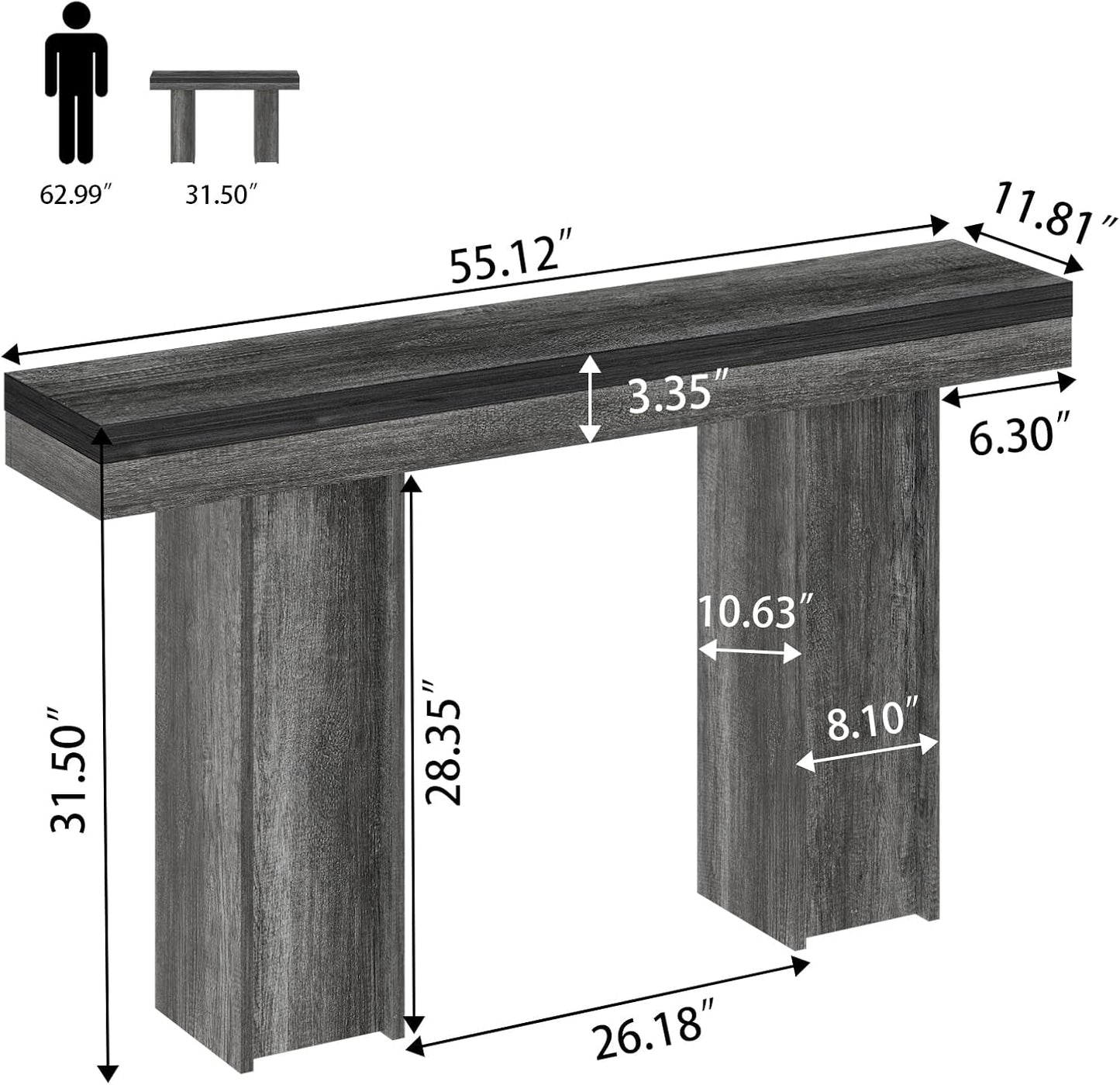 55Inch Farmhouse Console Table,Wooden Rectangular Sofa Table Behind The Couch,Entryway Console Table with Storage for Living Room, Hallway,Entrance (Grey)