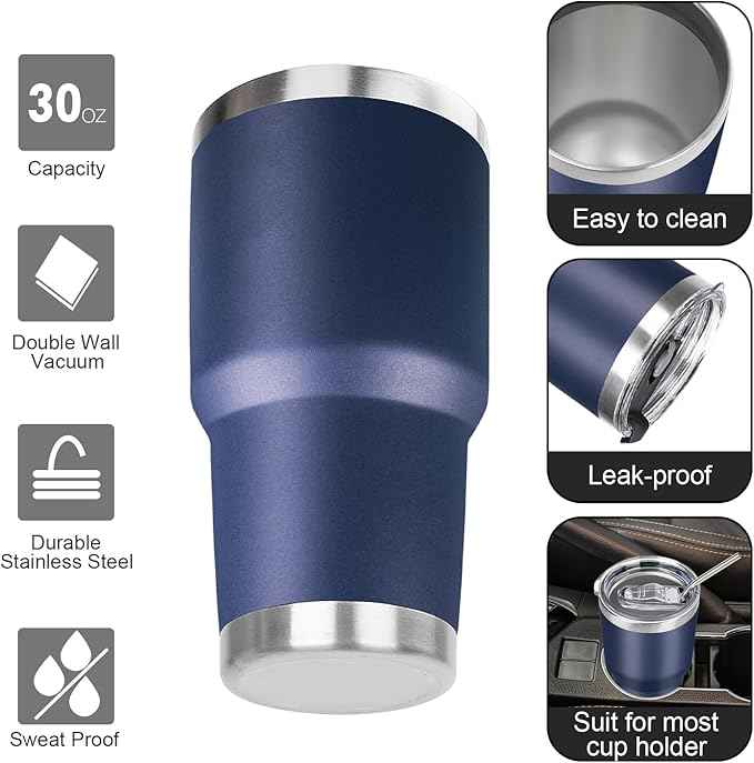 30 oz Tumbler with Lids and Straws Double Wall Vacuum Insulated Tumbler Cup,Stainless Steel Leak-proof Thermal Tumbler Powder Coated Travel Coffee Mug for Cold and Hot Drinks,Navy Blue