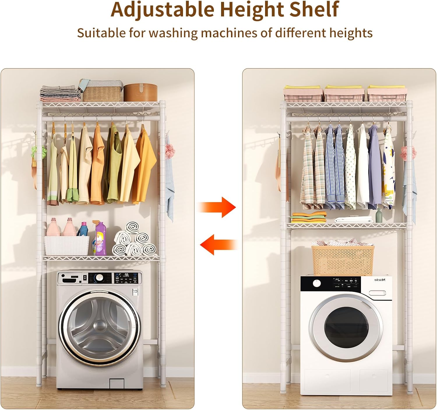 Over Washer and Dryer Shelves,2 Tier Adjustable Height Wire Shelving Laundry Room Storage Organization Clothes Drying Rack with Hanger Rod&Hooks,Space Saving Organizers Shelf,White - Lumora Casa