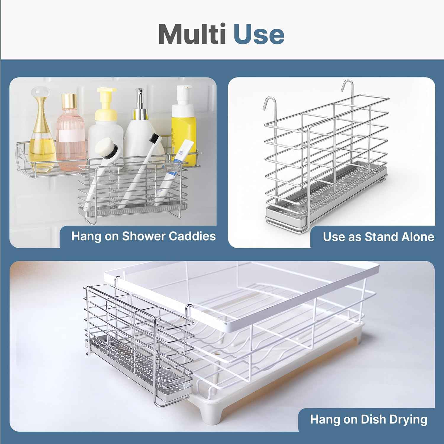 KESOL 304 Stainless Steel Utensil Drying Rack with Hooks & 3 Divided Compartments, Silverware Drying Basket, Spoon and Fork Organizer, Rustproof Kitchen Drainage Basket Accessories, Silver, 2x8.7x5