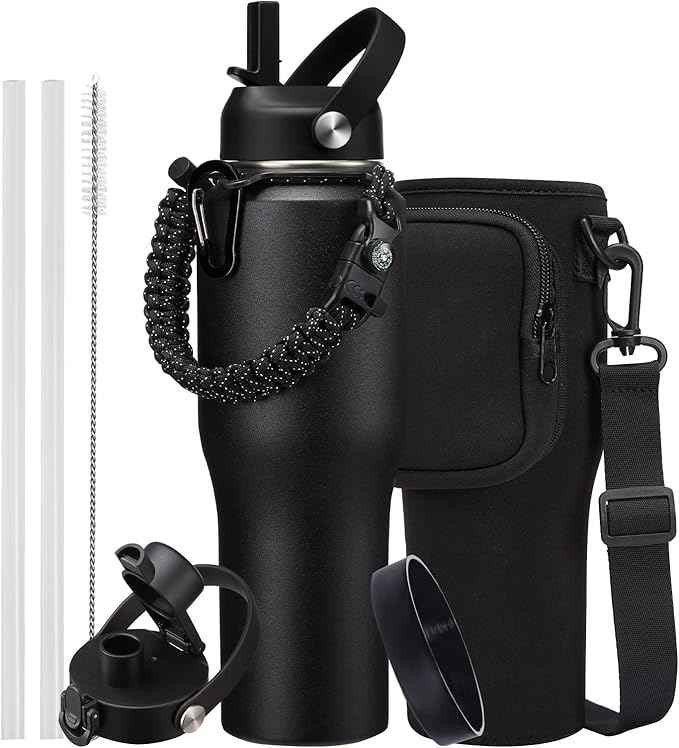 32 oz Insulated Water Bottle - Fits in Car Cup Holder, Cold 48H Hot 24H, Leakproof Stainless Steel Water Bottles with Straw & Pop-up Spout Lid, Paracord Handle, Bottle Holder Bag & Flask Boot