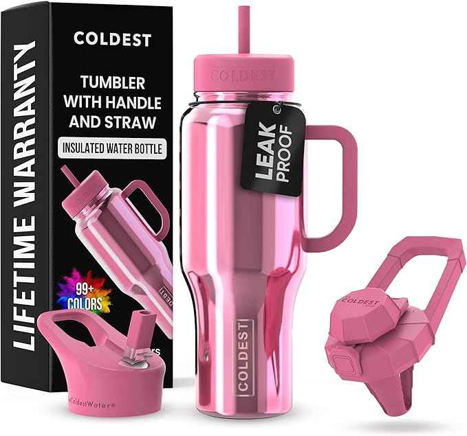 Coldest Tumbler with Handle and Straw - 100% Spill Proof Tumbler with Straw (3 Lids) - Stainless Steel Insulated Leakproof Tumblers for Women & Men - 36 oz (Pink Reflections)