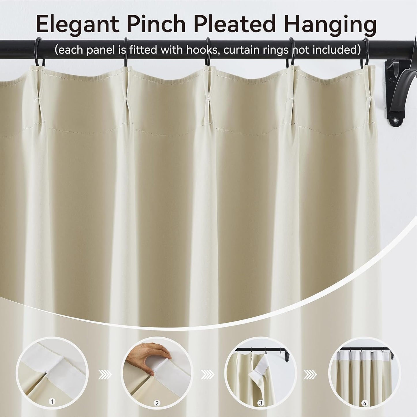 KangBang Soft Cream Blackout Drapes 108 Inches Long 2 Panels Set, Pinch Pleated Sound Dampening Polyester Modern Curtains for Living Room Kids Playroom with Hooks Track System,40”Wx108”L