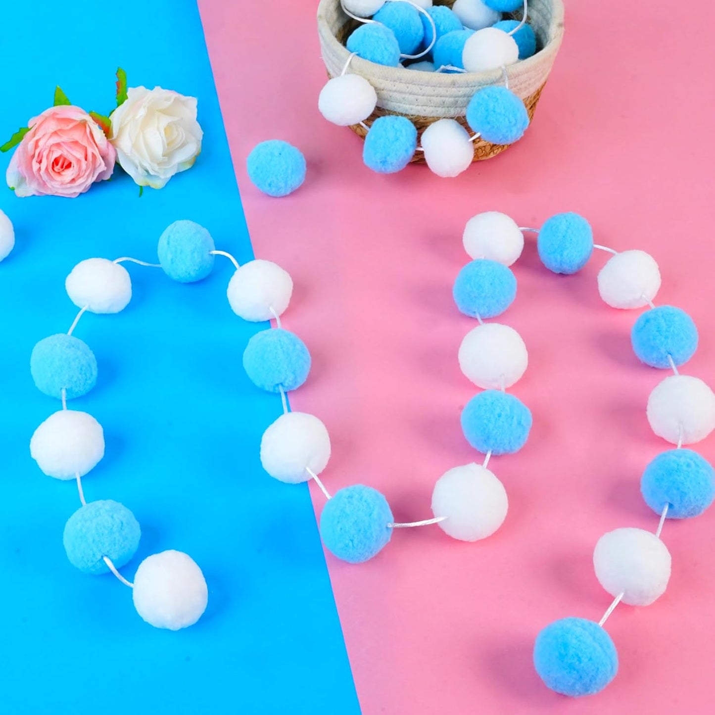 XmasExp Pom Pom Garland Decorations - Large Blue Felt Ball Garland for Mantle, Gender Reveal, Baby Shower, Tree Ornaments and Party Hanging Decor,13 Ft. (Blue, 1.57")