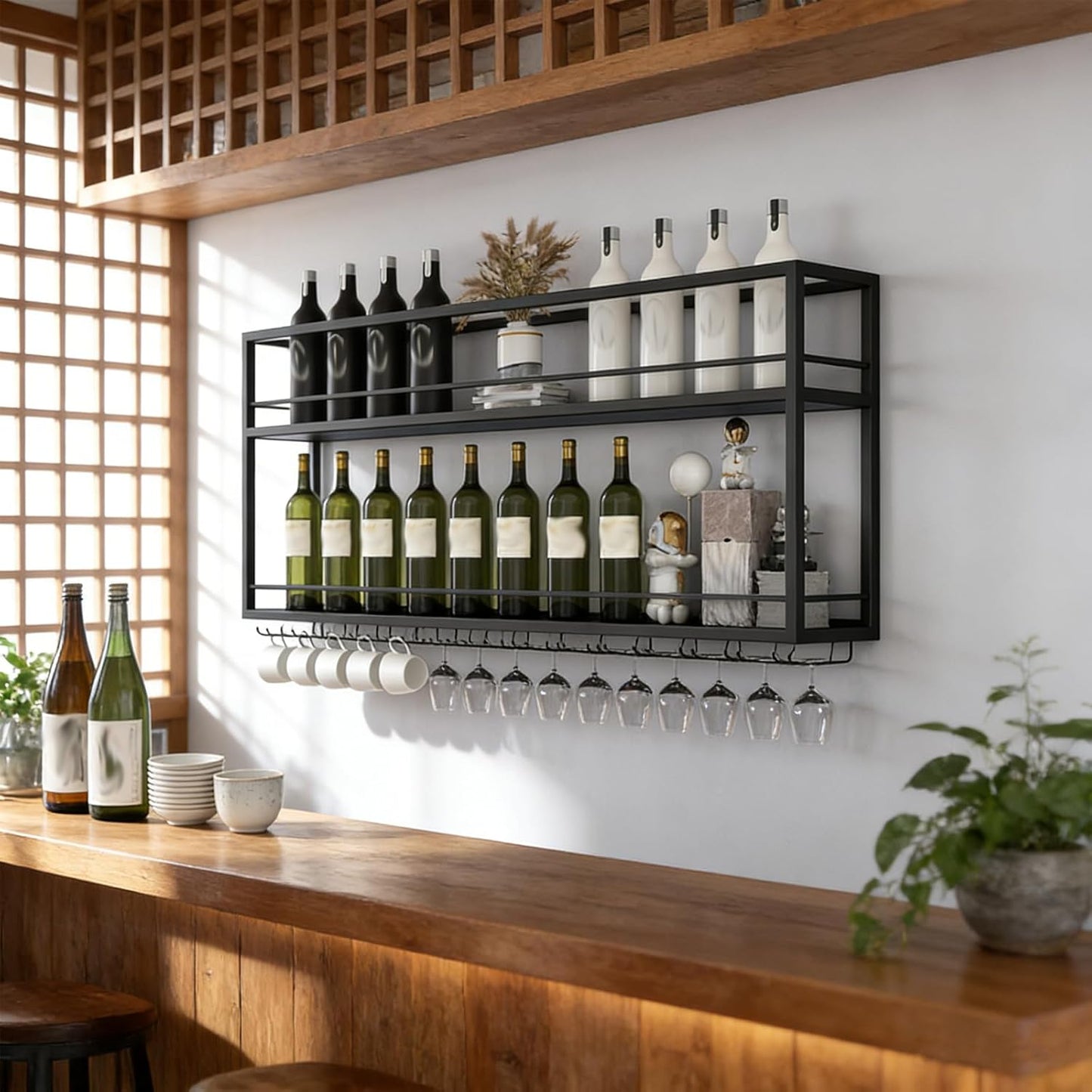Industrial Wall Mounted Wine Rack, 2-Tier Wood Wine Bottle Shelf with Stemware Rack, Black Wine Glass Rack Multi Functional Wine Storage Display Rack for Home Bar Dining Room Kitchen (31.4×7.8×26in)