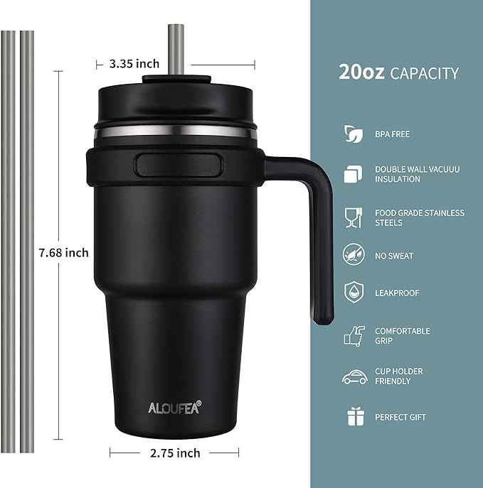 20 oz Insulated Coffee Mug Tumbler with Handle, Stainless Steel Travel Mug Tumbler with Lid and Straw,Double Wall Vacuum Leak Proof Ice Coffee Thermal Cup, Black and Navy