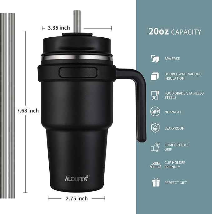 20 oz Insulated Coffee Mug Tumbler with Handle, Stainless Steel Travel Mug Tumbler with Lid and Straw,Double Wall Vacuum Leak Proof Ice Coffee Thermal Cup, Indigo Black