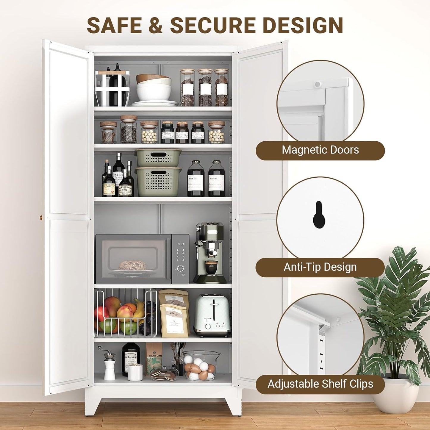 75" Tall Metal Kitchen Pantry Cabinet, Freestanding Steel Storage Cabinet with Doors, 5 Adjustable Shelves, for Dining Room, White