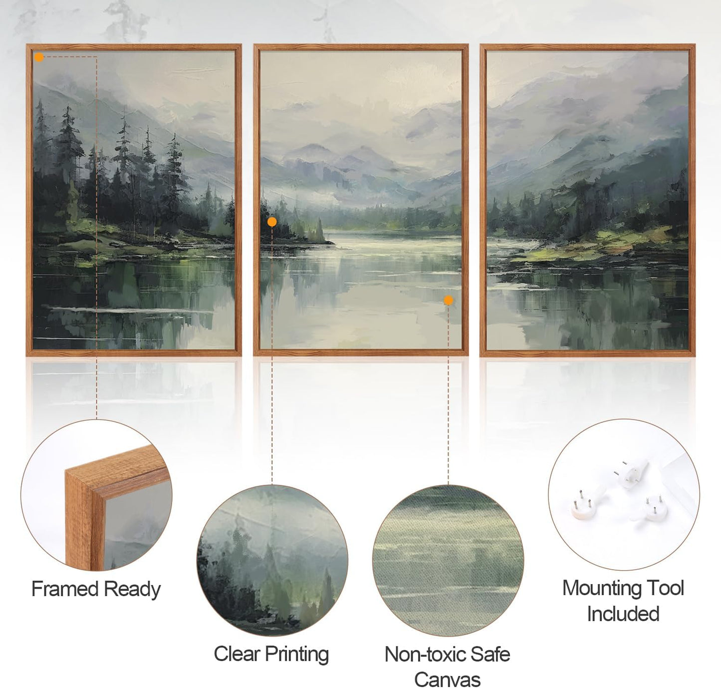 Aurlan Emerald Green Mountain Lake Landscape Framed Wall Art(16"x24"), 3PCS Abstract Forest Nature Canvas Artwork, Large Minimalist Watercolor Modern Pine Trees Scenery Decor for Office Home