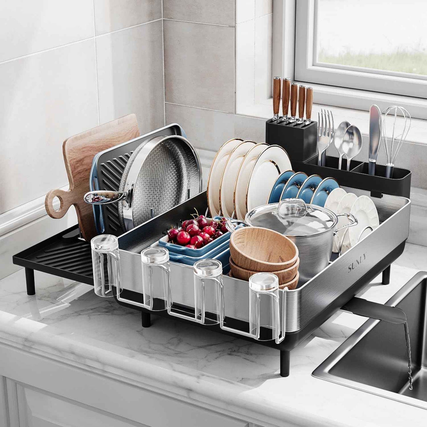 SUNLY Large Dish Drying Rack, Expandable Dish Racks for Kitchen Counter, Space Saving 304 Stainless Steel Drying Rack Kitchen, Extra Large Drainer with Multifunctional Flip Up Pegs, Black