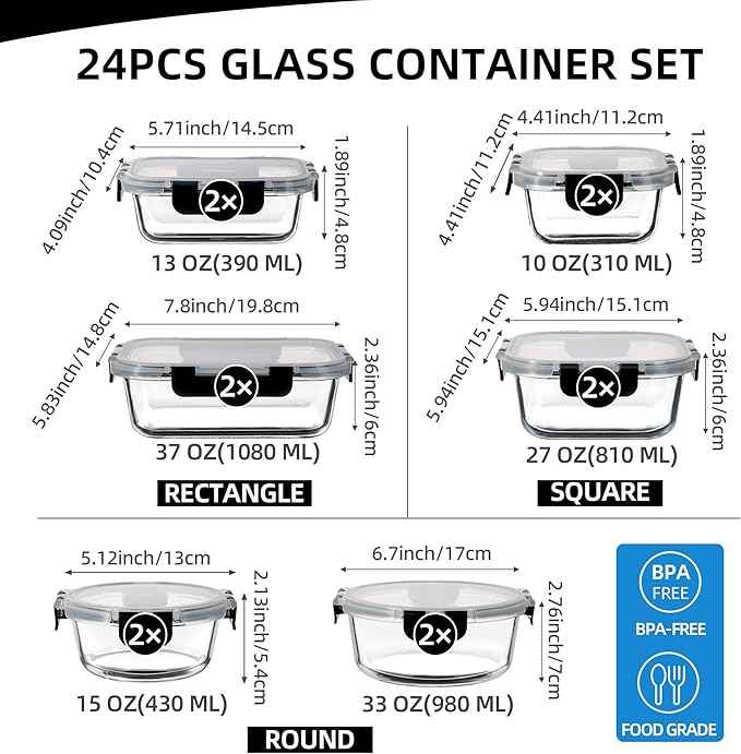 UMEIED 12 PACK Glass Food Storage Containers with Leak Proof Lids, Glass Airtight Meal Prep Containers Set for Lunch, On the Go, Leftover, Kitchen Pantry Organizers and Storage (Black)