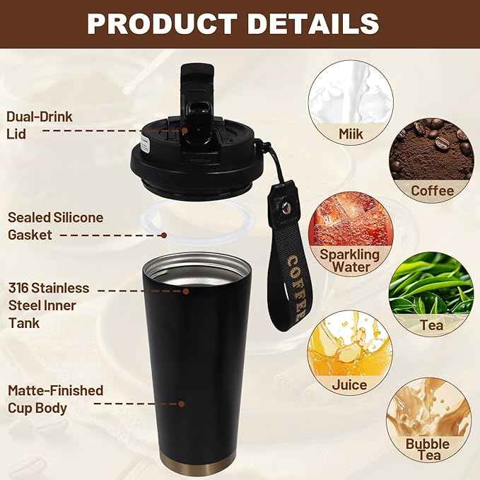 Insulated Coffee Tumbler 17.9oz 530ml Travel Coffee Mug 316 Stainless Steel Dual Drink Openings Leakproof Lid Reusable Insulated Coffee Mug Hot and Cold Ideal Travel Mug for Coffee Lover Daily