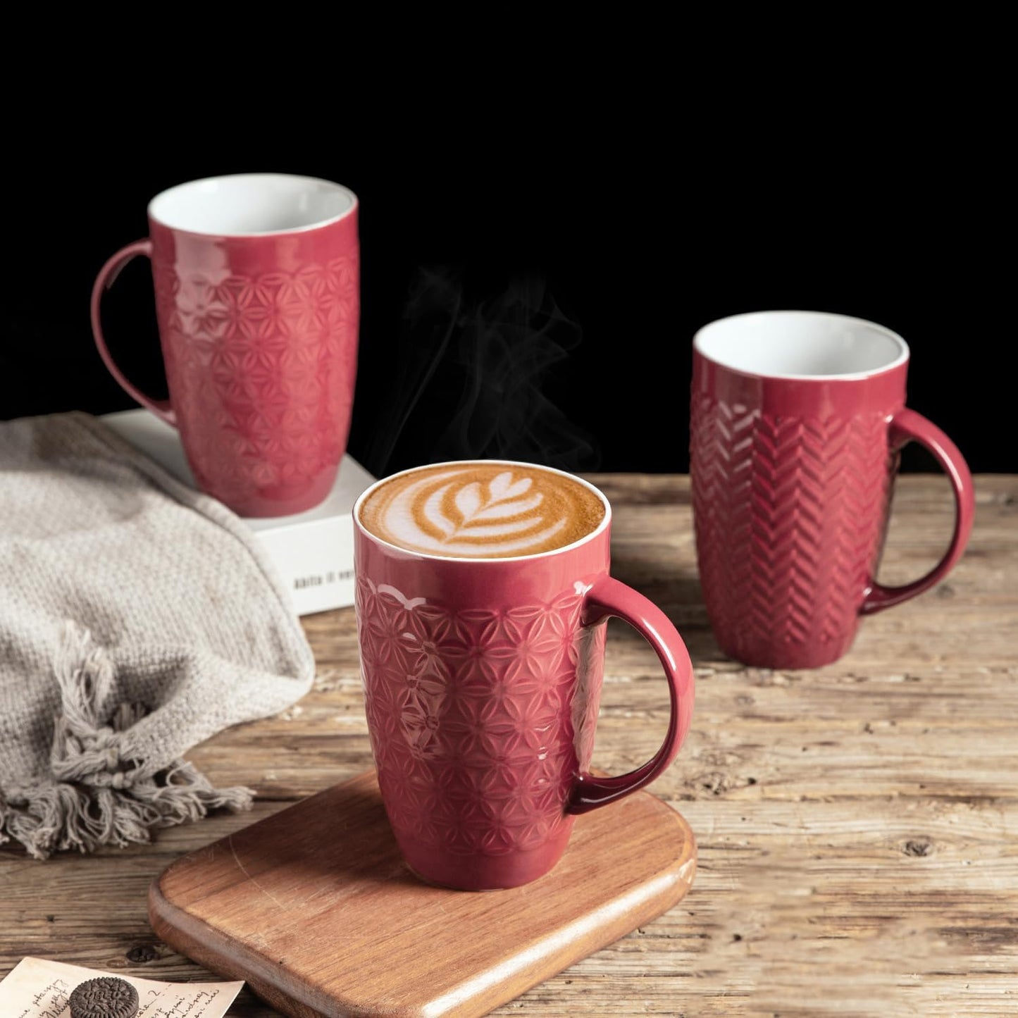 AmorArc Extra Large Coffee Mugs Set of 6, 20oz Ceramic Tall Coffee Mugs with Textured Geometric Patterns for Latte/Tea/Beer/Hot Cocoa, Dishwasher & Microwave Safe, Burgundy
