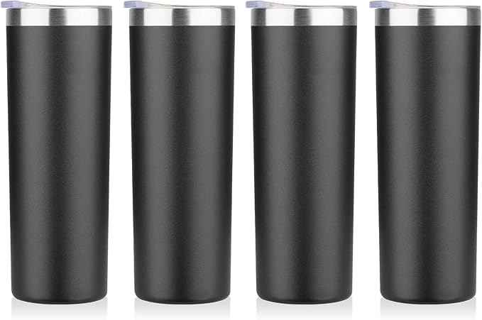 HASLE OUTFITTERS 20 oz Skinny Tumblers Bulk Set, Stainless Steel Insulated Slim Tumblers with Lids, Reusable Double Wall Travel Coffee Mugs, Durable Powder Coated Travel Water Cups(Black, 4)