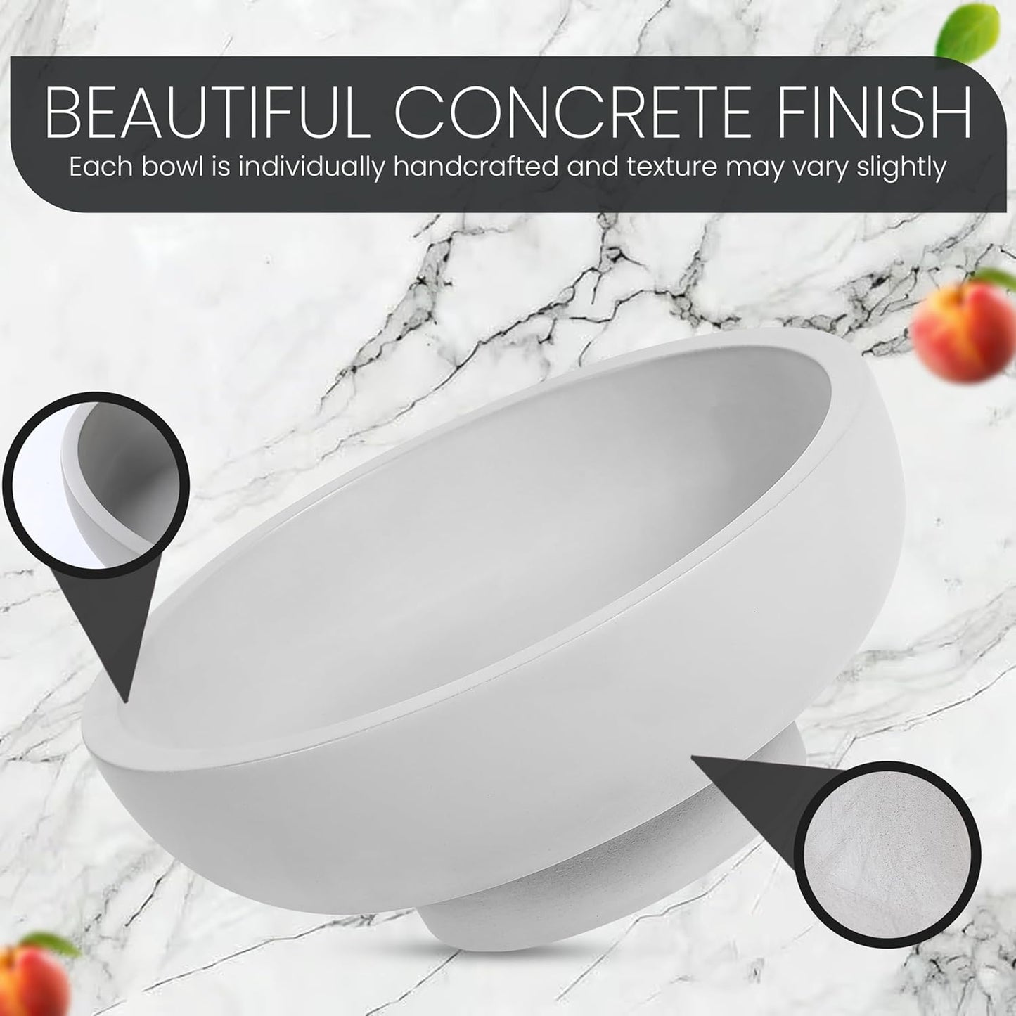 Concrete Fruit Bowl - 10.5” Diameter & 4.25” Height - Modern Key Bowl for Entryway Table - Decorative Pedestal Centerpiece - Grey