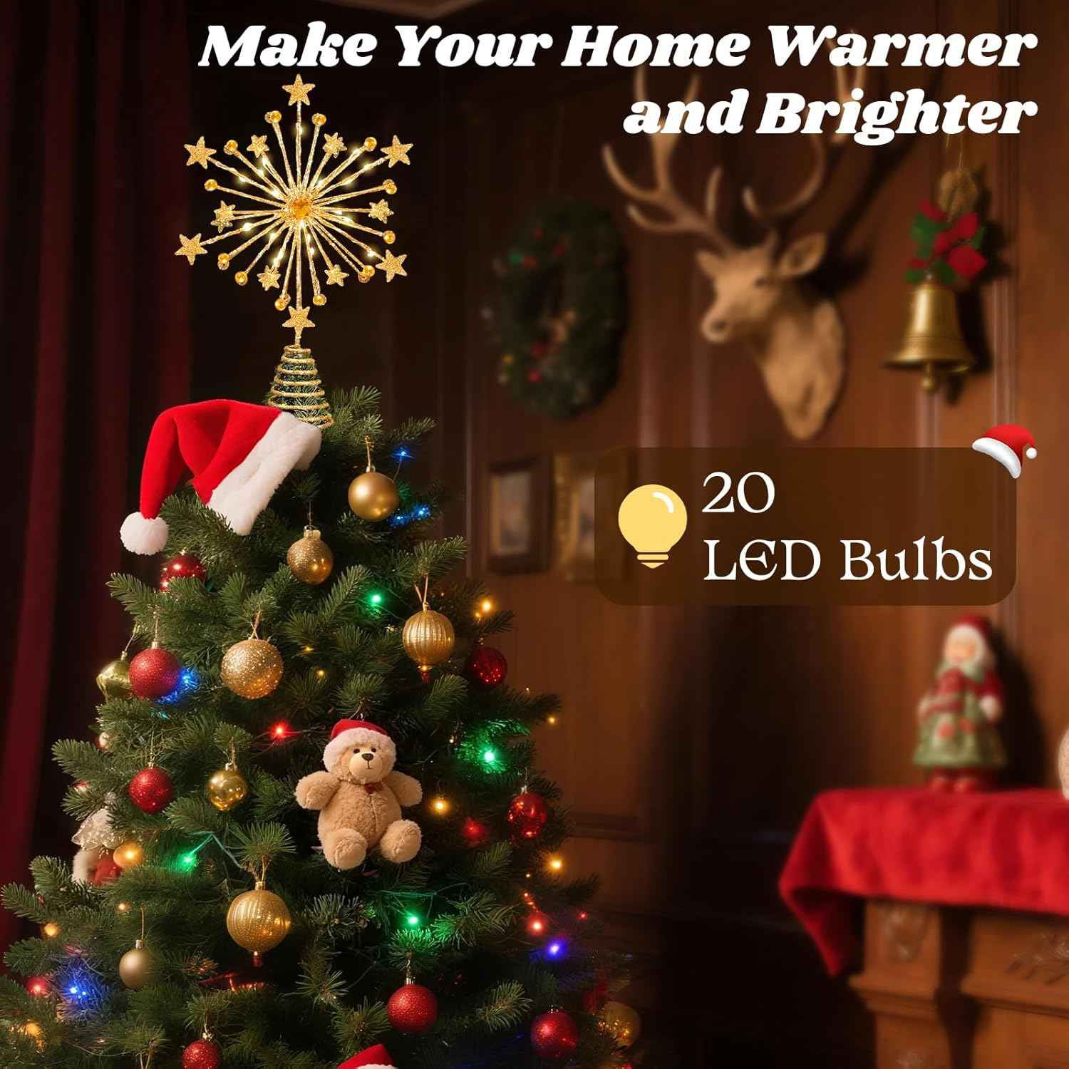 Lewondr Christmas Tree Topper, 13'' Metal Twinkly Xmas Starburst Tree Topper with 20 LED Bulbs, USB Powered Lighted Star Treetop for Christmas Ornaments, Remote Control, 6H Timer, 8 Light Modes, Gold